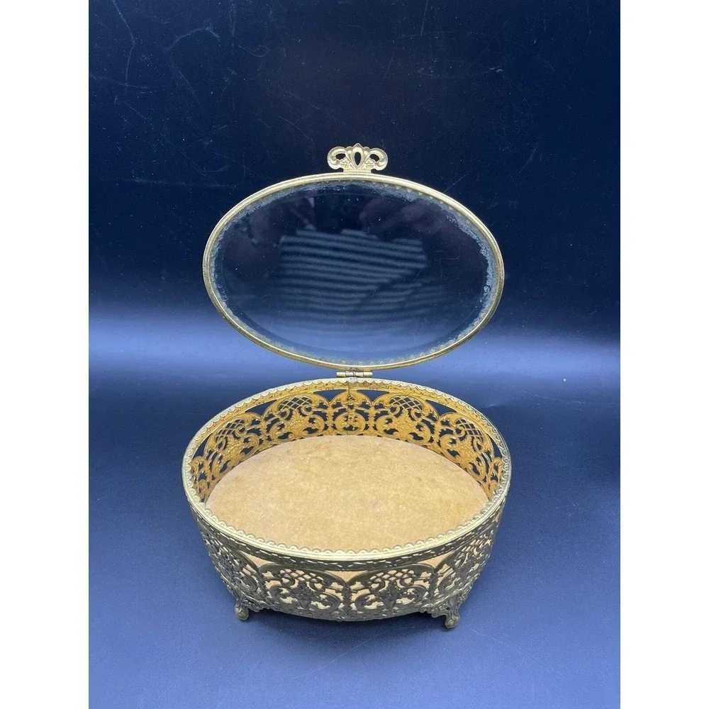 Vintage Ormolu Beveled Glass Filigree Oval Footed Trinket Box 6